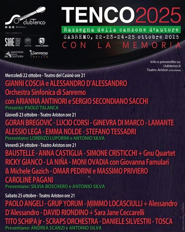 Festival della canzone d'autore a Sanremo Premio Tenco 2025 Festival della canzone d'autore a Sanremo Premio Tenco 2025